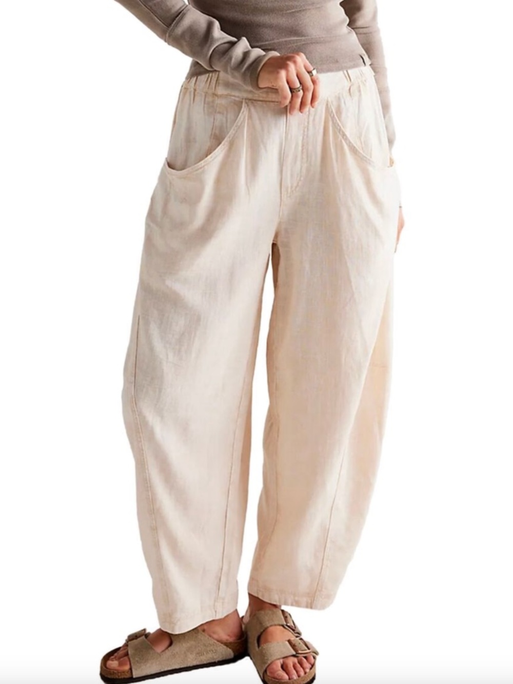 Sold sold 
Free People Light Beige High road barrel Linen blend Pants Large